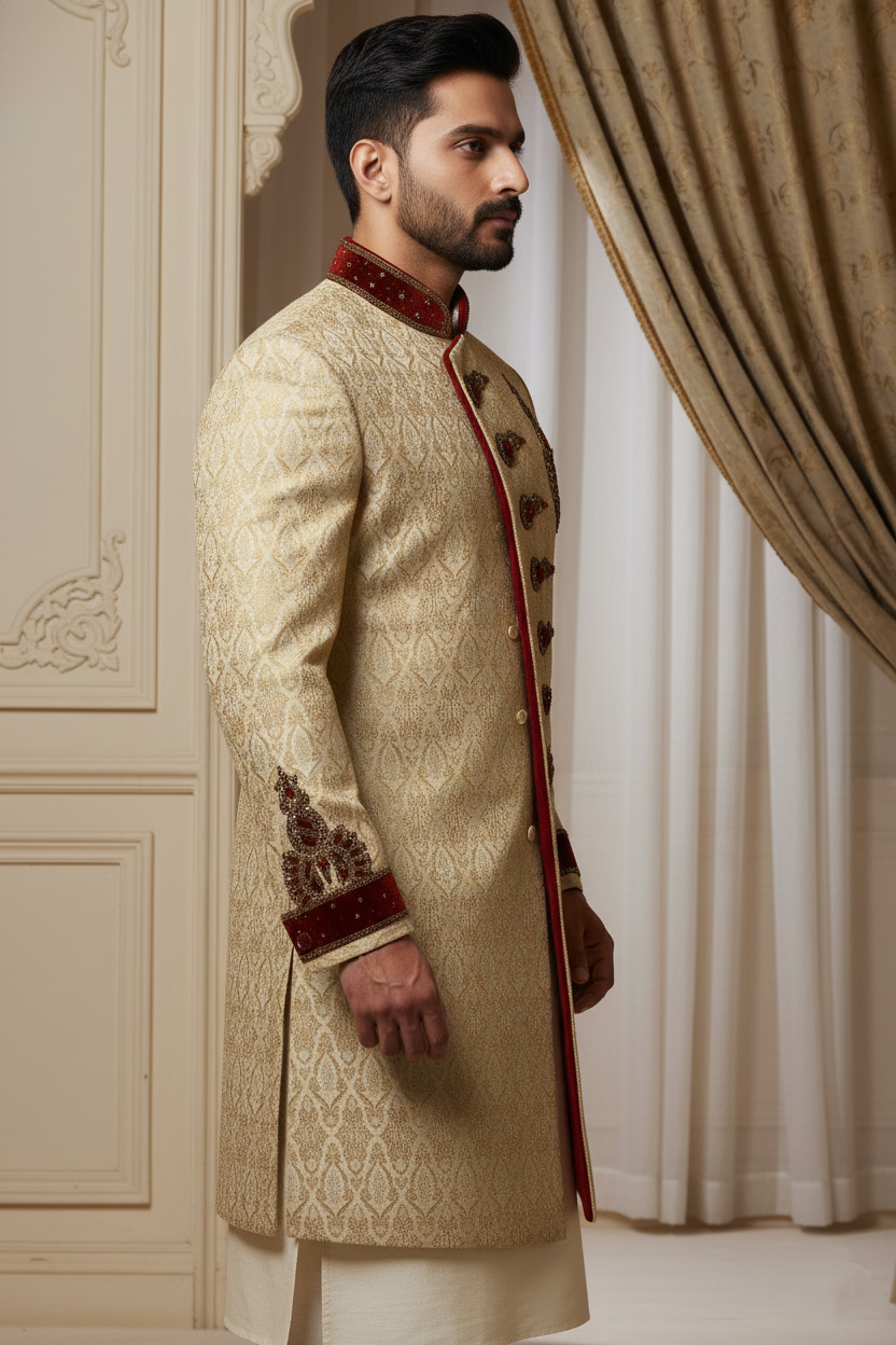 Regal Cream Sherwani with Velvet Accents
