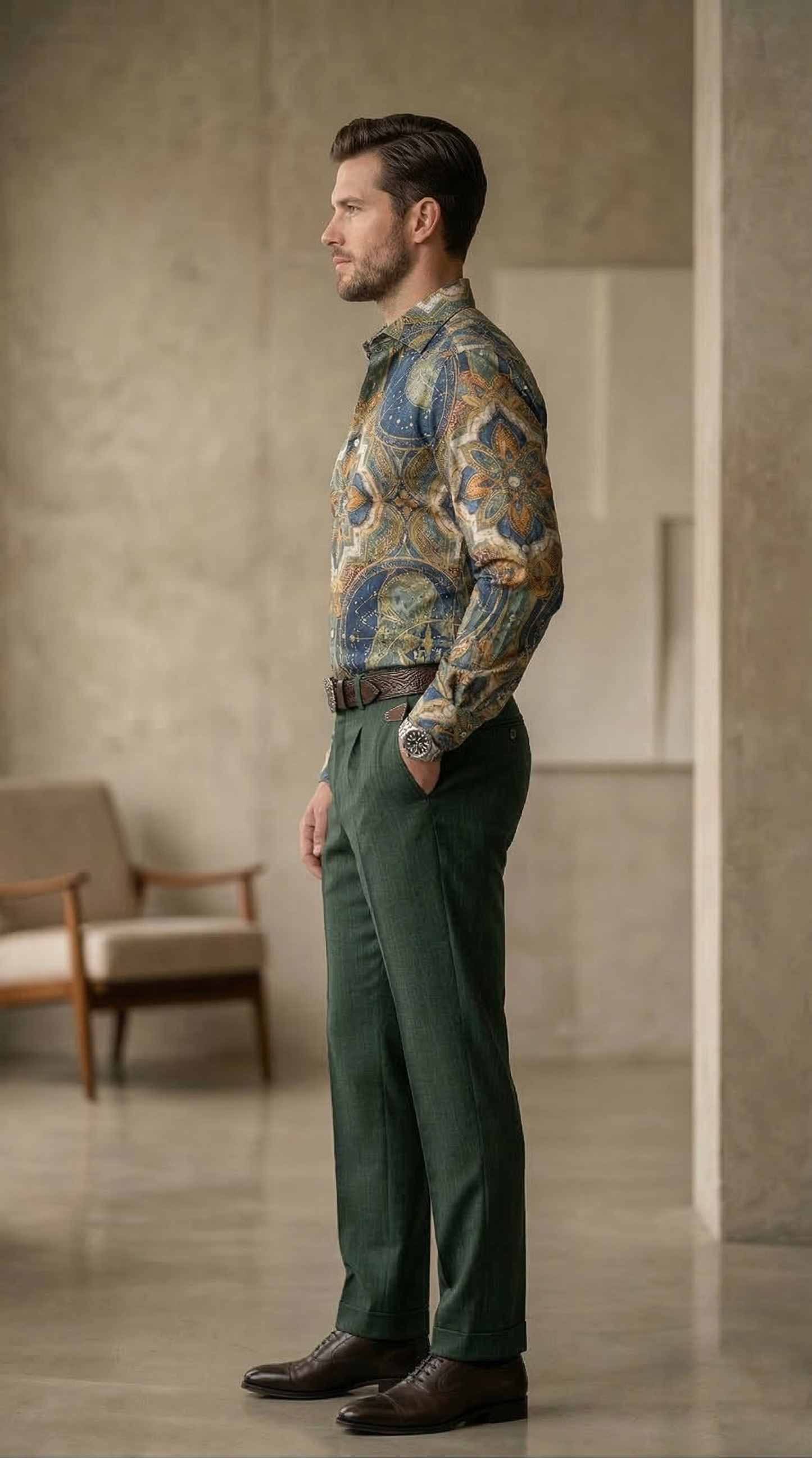 Designer Men'sMaritime Celestial Print Shirt , Deep Sea Teal & Ochre Compass Mandala Motif