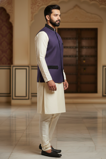 Men's Royal Purple Textured Nehru Jacket – Luxury Velvet Trim Ethnic Waistcoat for Weddings & Parties