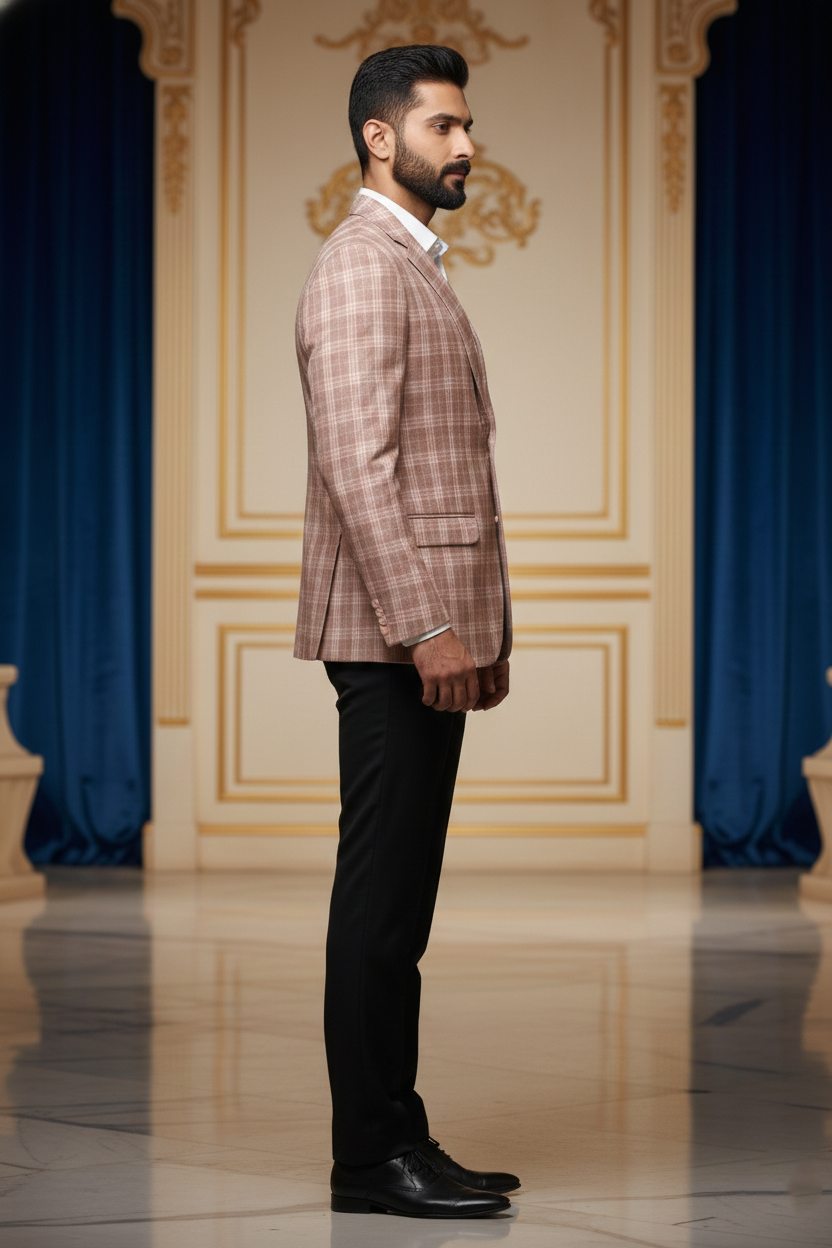 Pink & Brown Plaid Tailored Blazer with Two-Button Closure