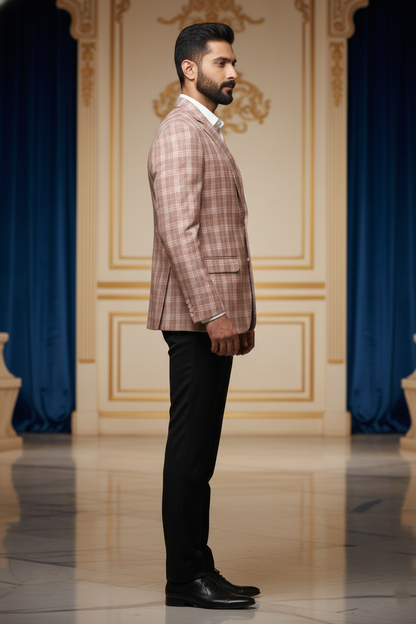 Pink & Brown Plaid Tailored Blazer with Two-Button Closure