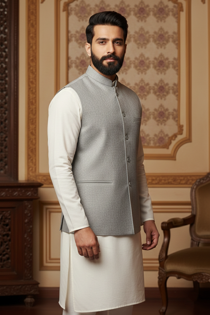Light Grey Waistcoat with Cream Kurta Set