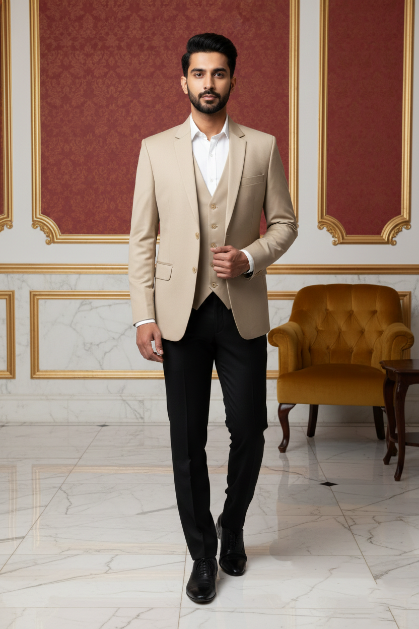 Beige Double-Breasted Suit Jacket