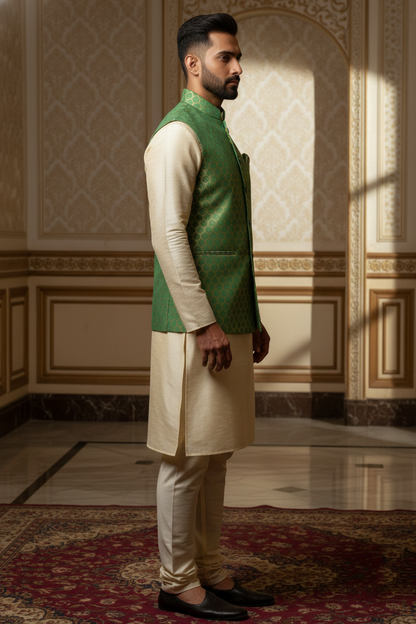 Men’s Green Nehru Jacket with Golden Touch Work | Ethnic Waistcoat for Wedding, Festive & Party Wear | Sleeveless Jacket