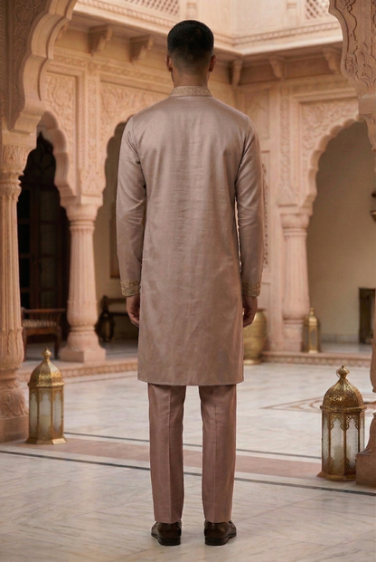 Men'sTaupe Silk Partywear Kurta Pajama Set