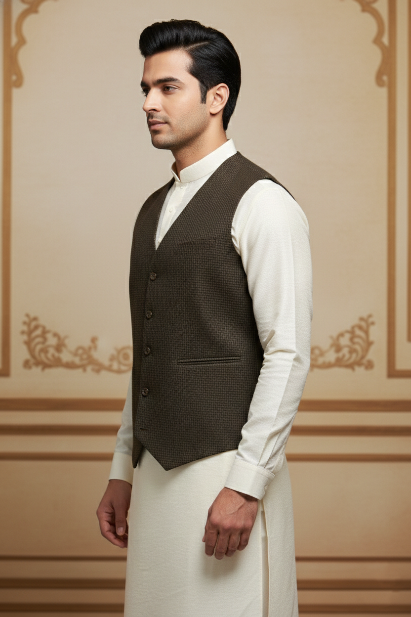 Men’s Brown Checkered Formal Waistcoat | Slim Fit Classic Vest