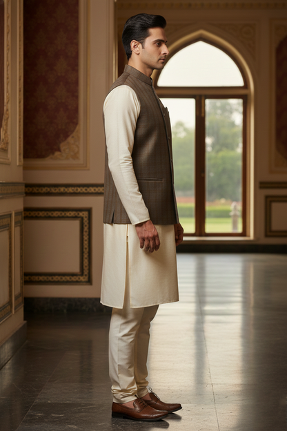 Men's Brown Windowpane Check Nehru Jacket – Classic Slim Fit Ethnic Waistcoat for Weddings & Formal Events