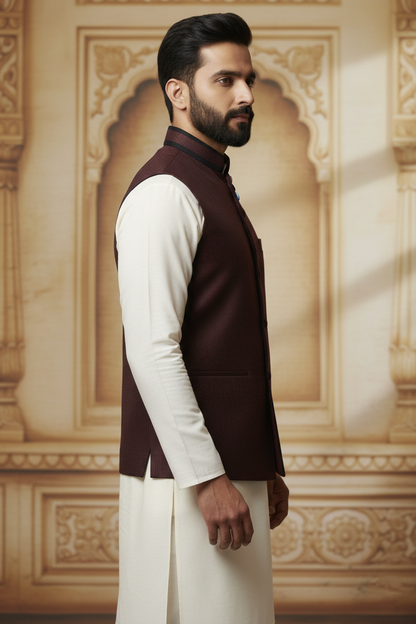 Maroon Nehru Jacket with Cream Kurta Ensemble