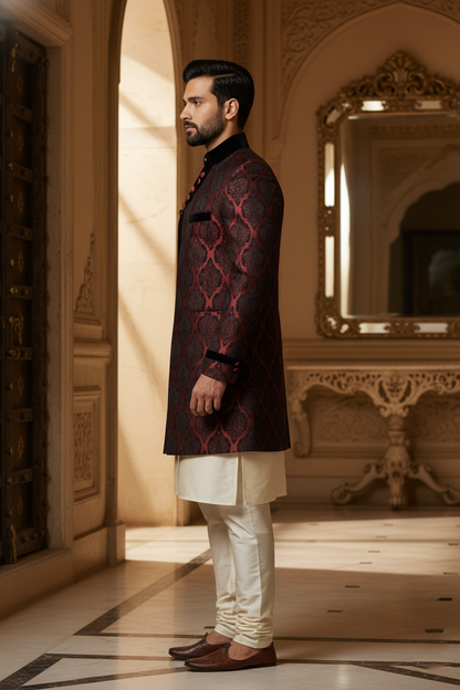 Maroon & Black Damask Sherwani