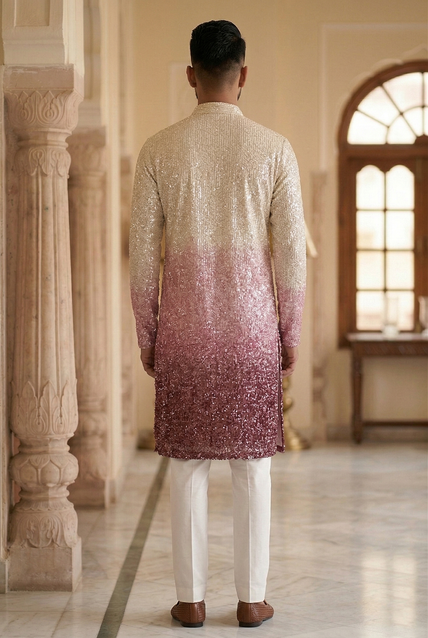 Men'sOmbre Sequin Designer Kurta Pajama in Wine & Cream