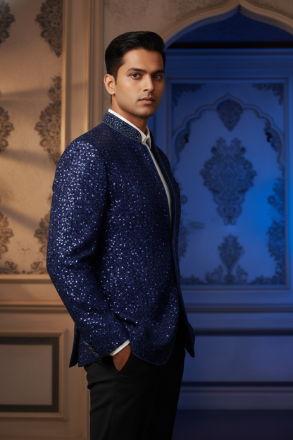 Midnight Navy Sequin Enchantment Blazer , Luxury Hand-Beaded Mandarin Collar Tuxedo