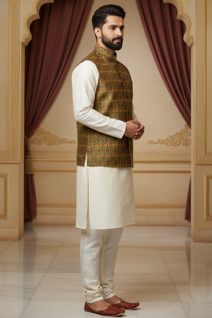 Regal Tapestry: The Olive Geometric Brocade Nehru Jacket