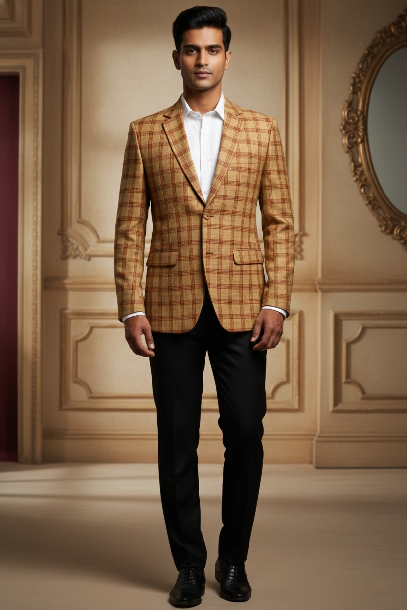Men's Premium Mustard Yellow Checkered Jacquard Blazer