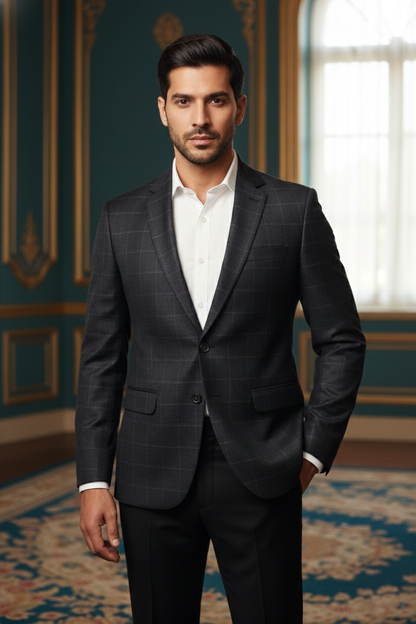 Men's Slim Fit Windowpane Check Blazer - Charcoal Graphite Grey Plaid Sport Coat - Formal Jacket for Weddings, Business, and Evening Wear