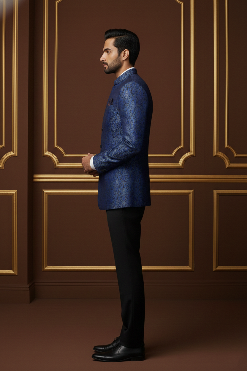 Royal Blue Brocade Bandhgala Jodhpuri Blazer