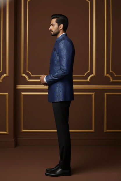 Royal Blue Brocade Bandhgala Jodhpuri Blazer