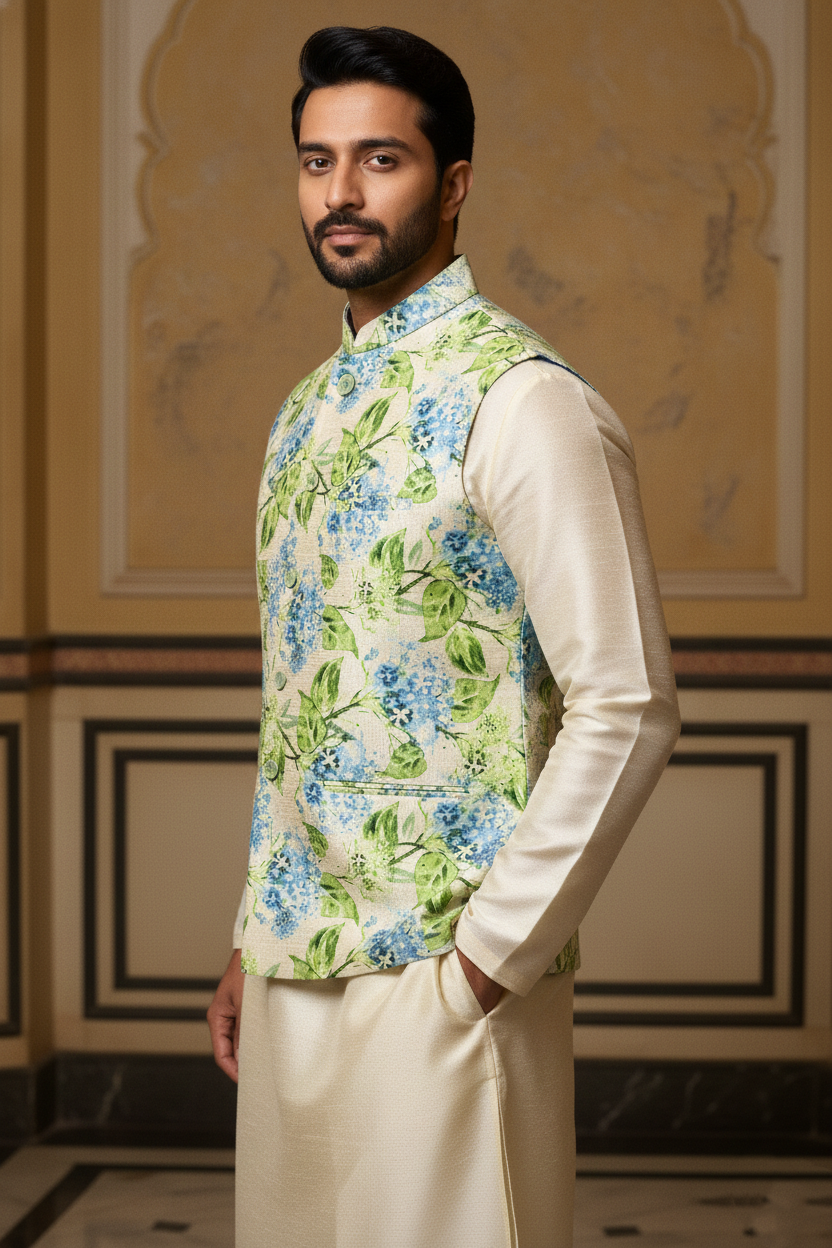 Serene Hydrangea: The Pastel Floral Nehru Jacket
