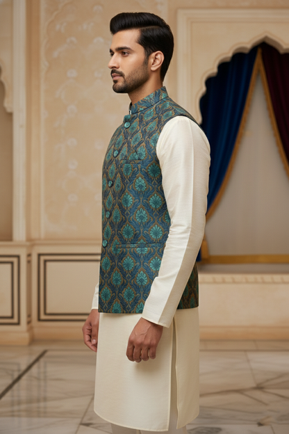 Men’s Teal Printed Nehru Jacket with Ivory Kurta