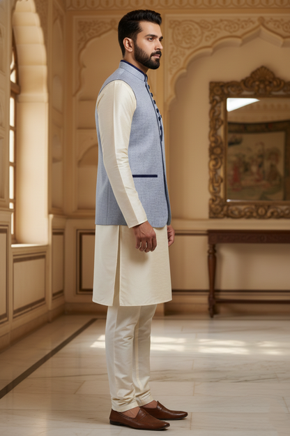 Men's Powder Blue Melange Nehru Jacket – Designer Contrast Trim Waistcoat | Ethnic Modi Jacket for Weddings & Receptions