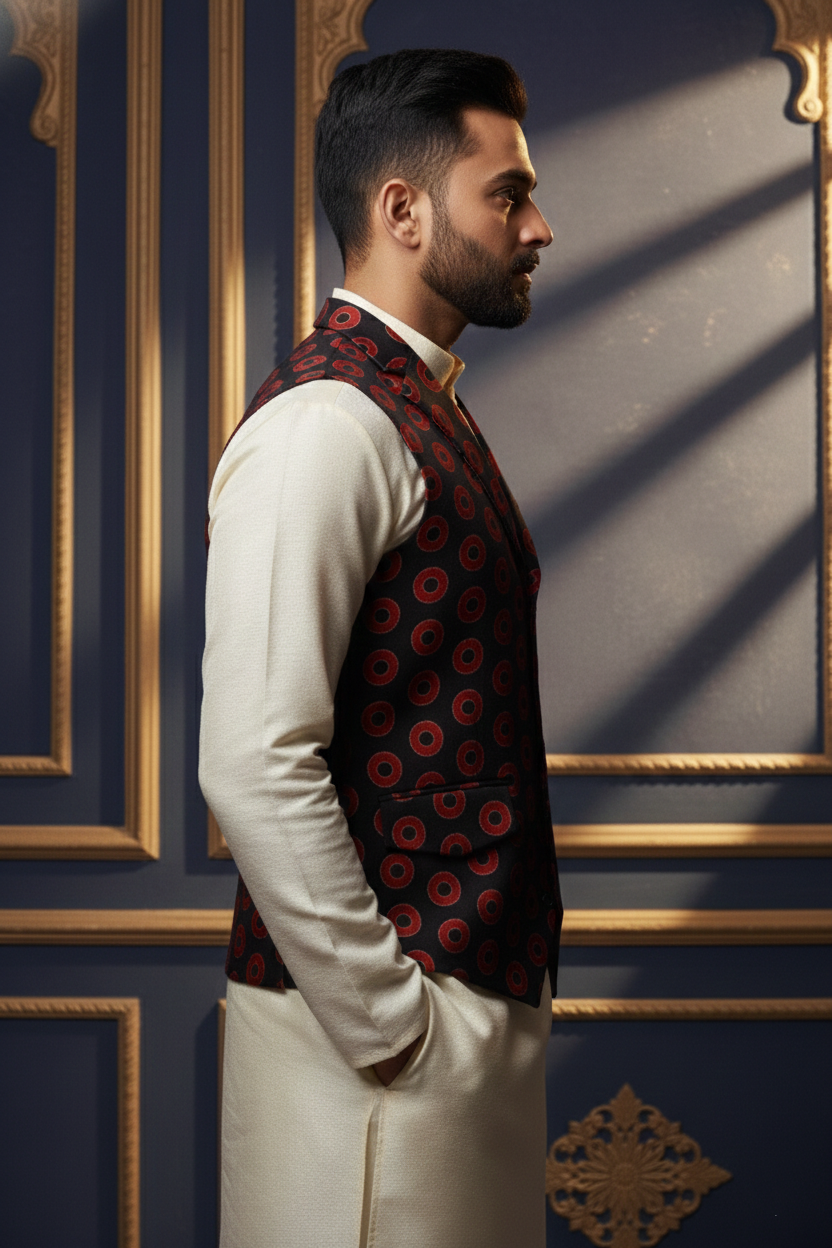 Men’s Slim-Fit Printed Waistcoat – Red & Black Geometric Circle Pattern