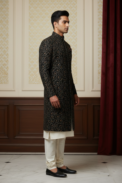 Black Sherwani with Floral Embroidery