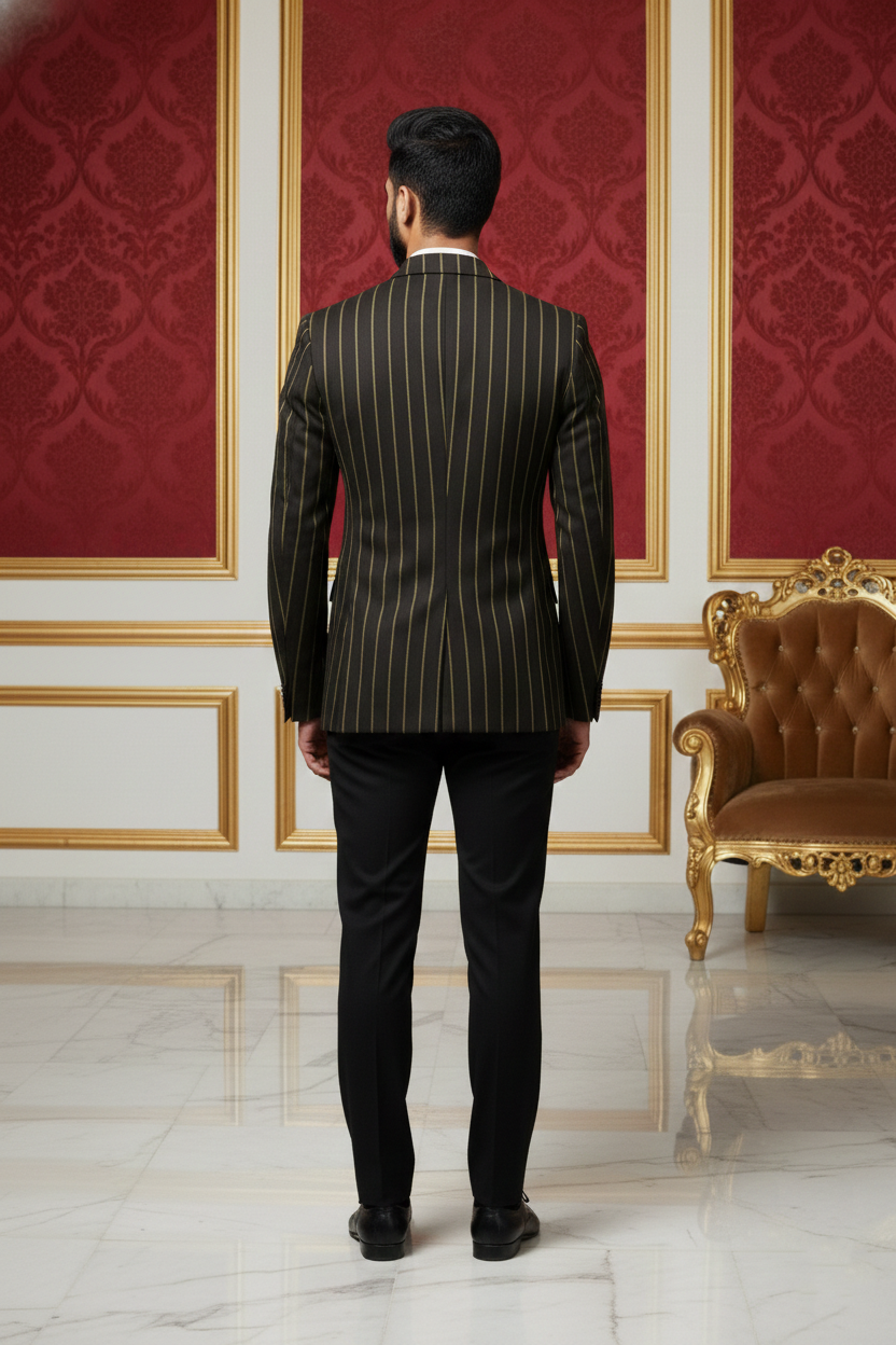 Dark Pinstripe Suit with Yellow Stripes