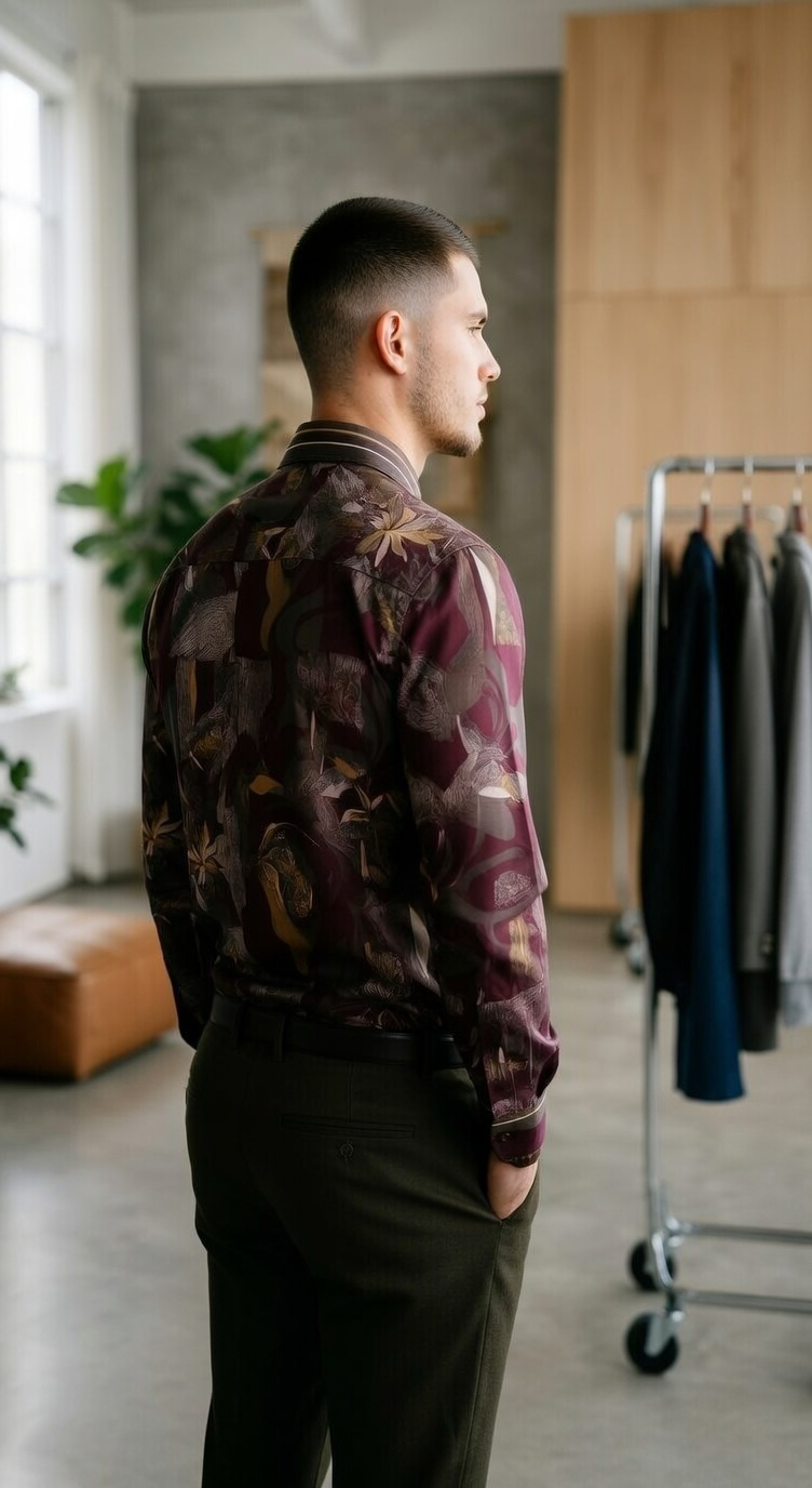 Men'sDesigner Slim-Fit Abstract Mosaic Print Shirt , Burgundy & Olive Ochre