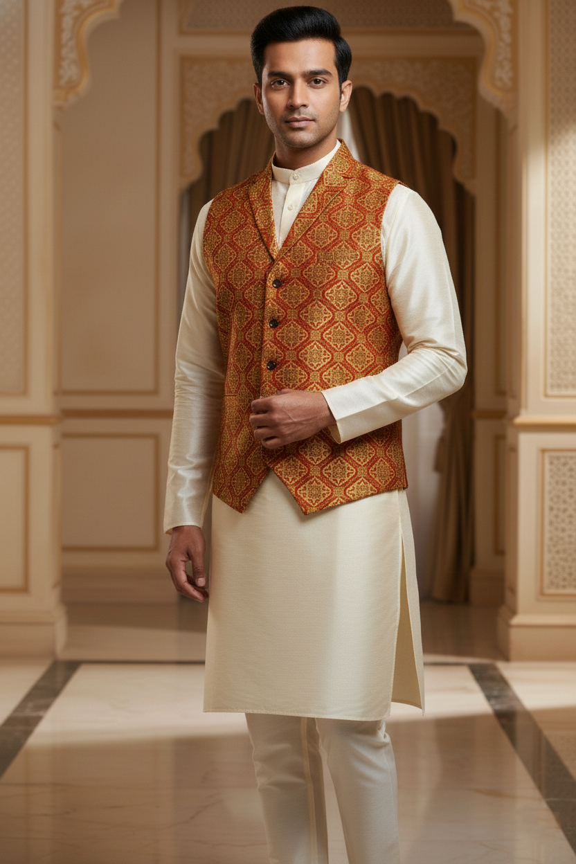 Men’s Red & Yellow Jacquard Silk Waistcoat with Notch Lapel | Slim Fit Festive Vest