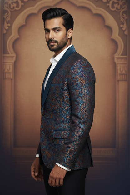 Mosaic Pattern Blazer with Blue Shawl Collar