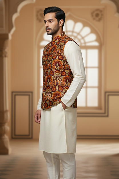 Men’s Rust Printed Nehru Jacket with Ivory Kurta