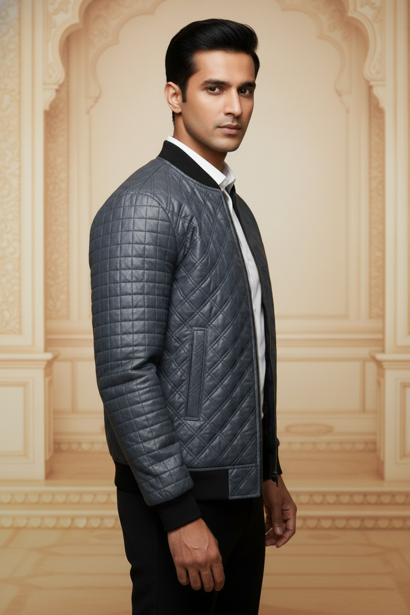 Men's Premium Grey Quilted Bomber Jacket , Diamond-Stitch taffeta fabric Casual Outerwear