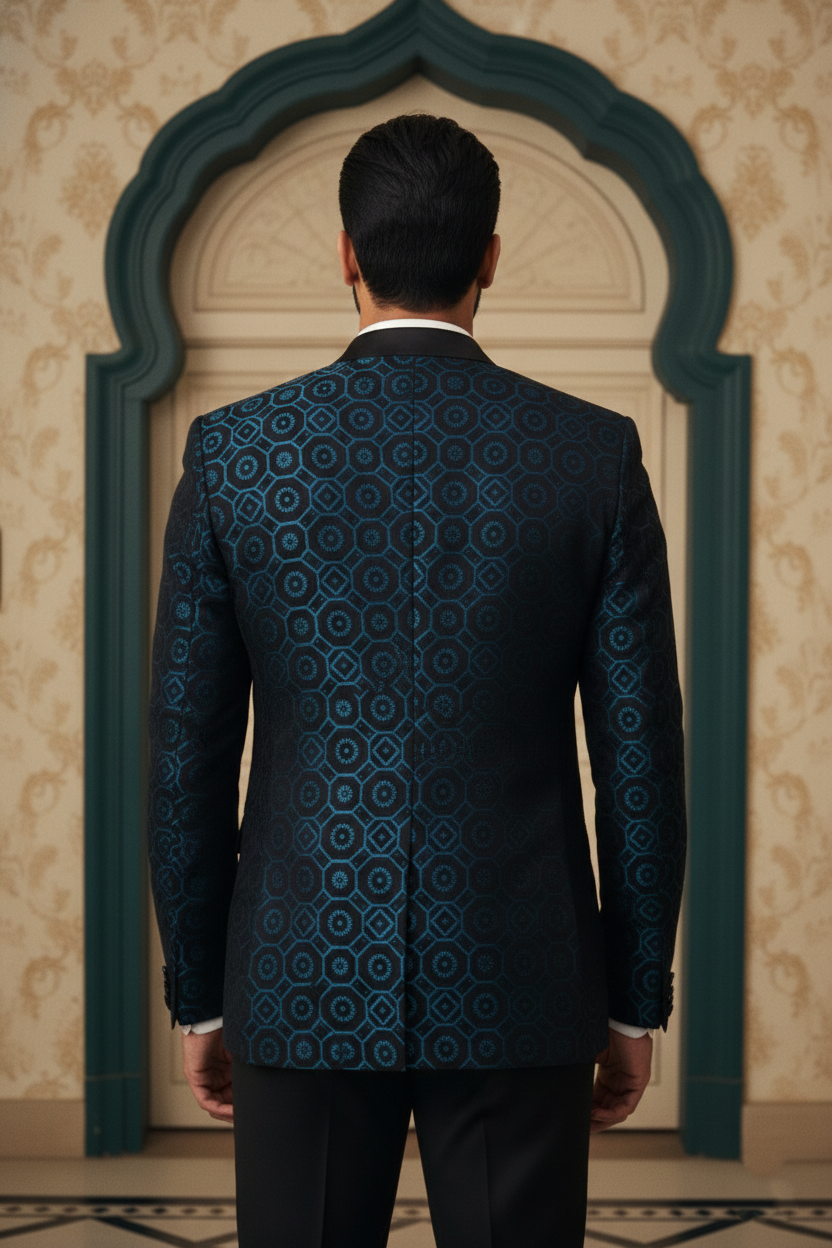 Men'sDesigner Teal & Black Geometric Jacquard Tuxedo Blazer , Premium Ethnic Evening Wear
