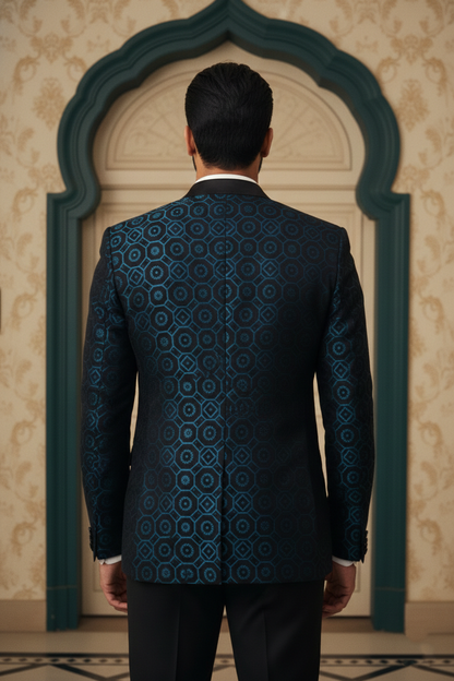 Men'sDesigner Teal & Black Geometric Jacquard Tuxedo Blazer , Premium Ethnic Evening Wear