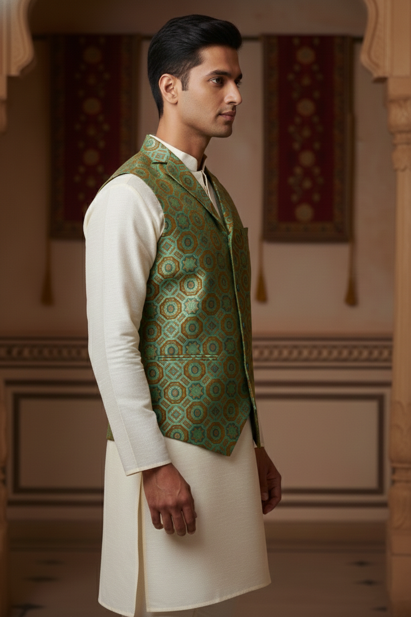 Men’s Green Designer Waistcoat | Purple, Green & Red Work Slim Fit Festive Vest