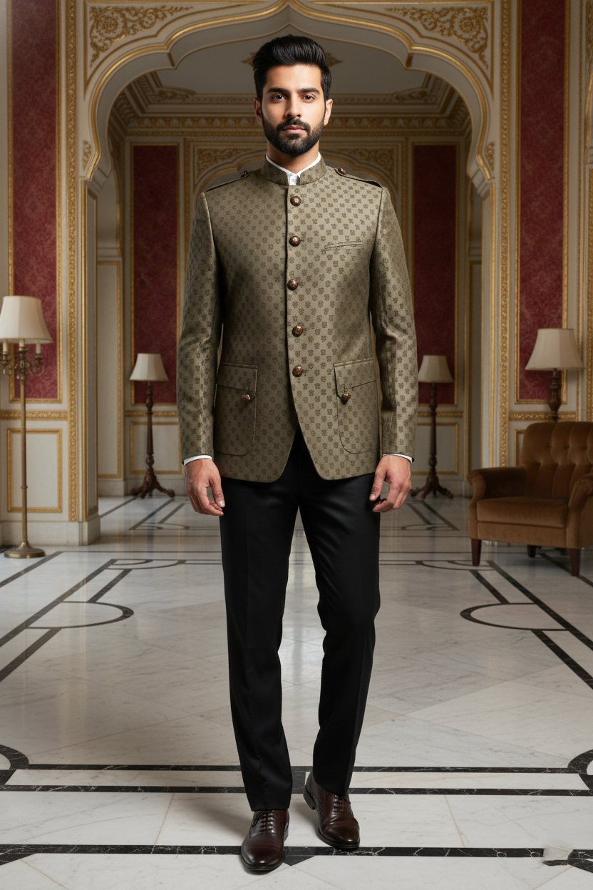 Men's Premium Olive Green Jacquard Jodhpuri Blazer