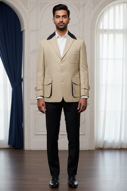 Men'sBeige Contrast Collar Buttoned Blazer