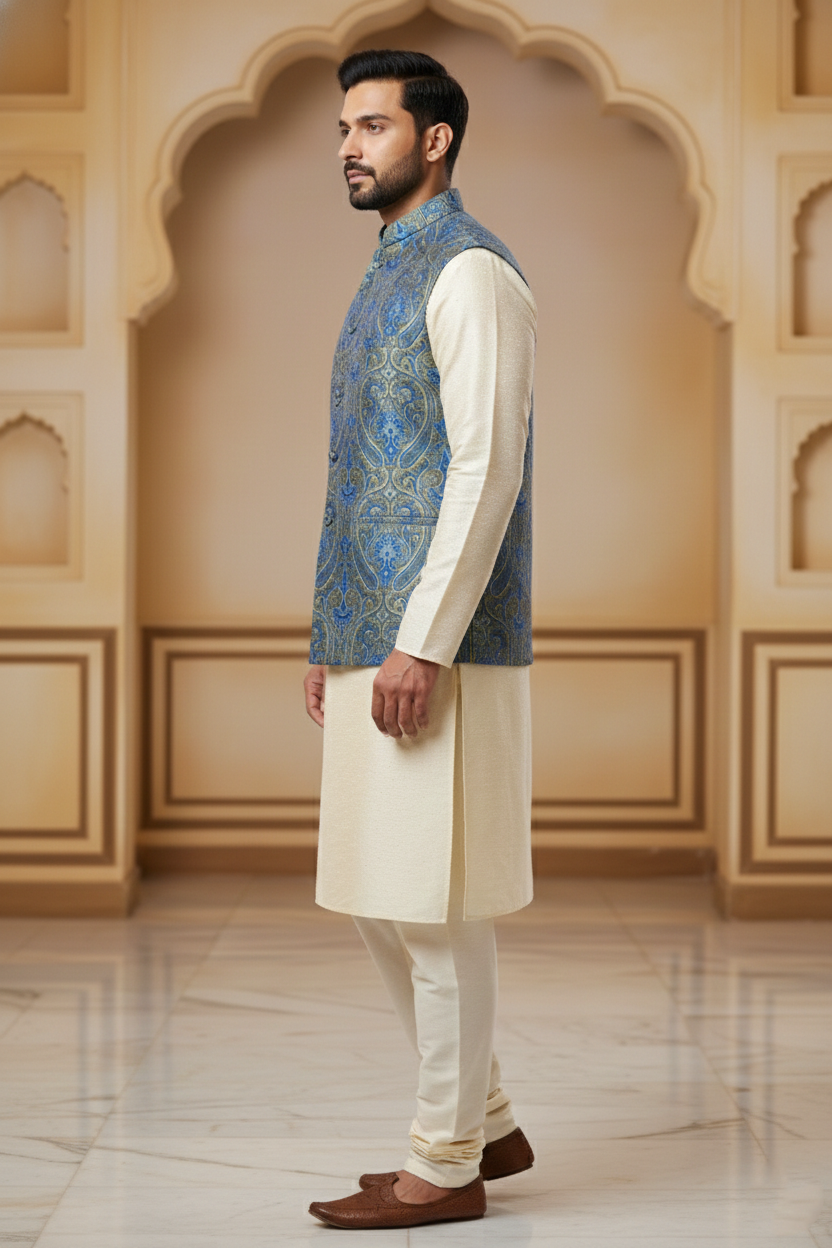 Blue & Green Brocade Nehru Jacket with Cream  Kurta Set
