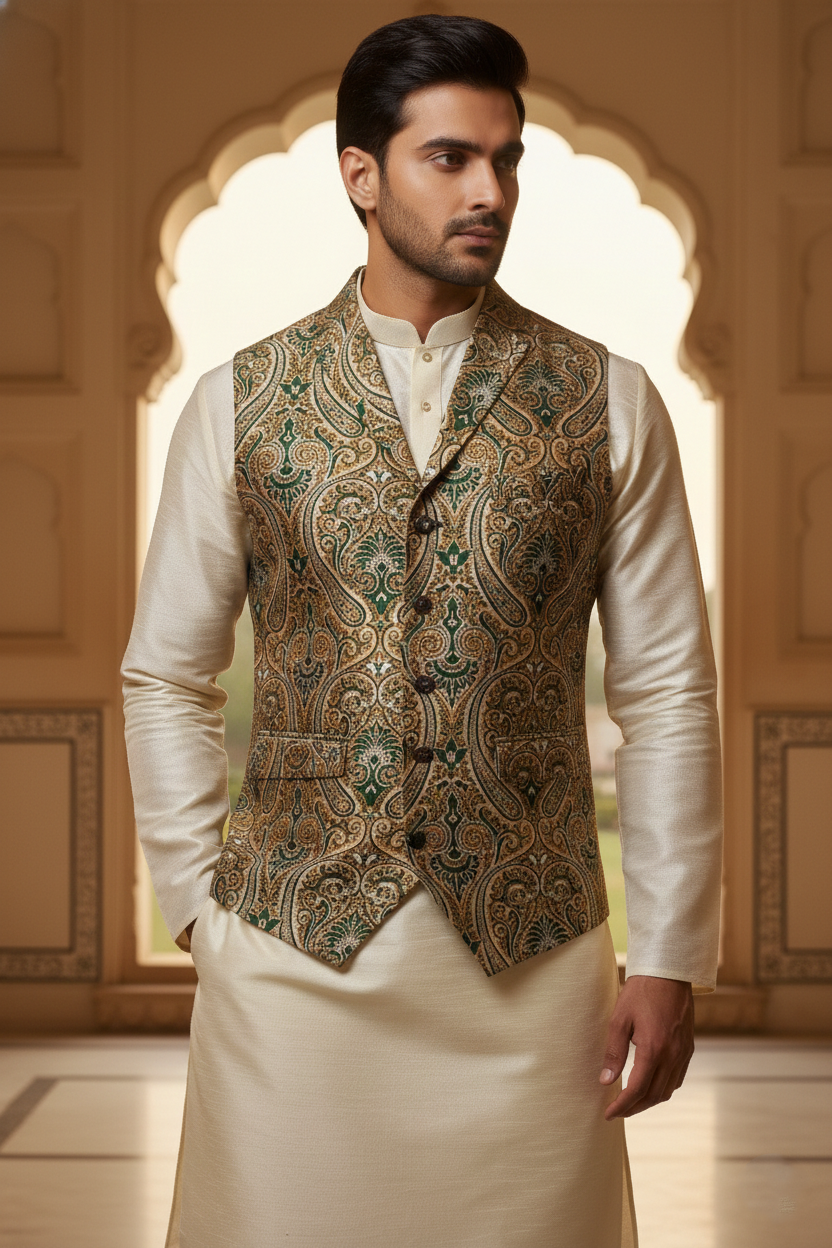 Men’s Olive Green Paisley Brocade Nehru Jacket | Ethnic Wedding Festive Party Wear Mandarin Collar Sleeveless Waistcoat for Kurta & Indo-Western Outfit