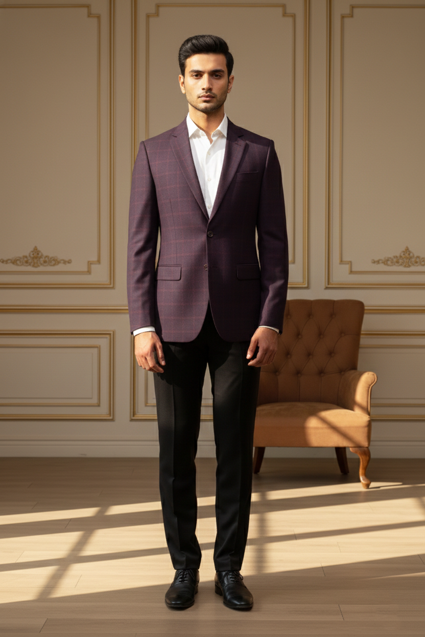 Men's Slim-Fit Plum Windowpane Check Formal Blazer