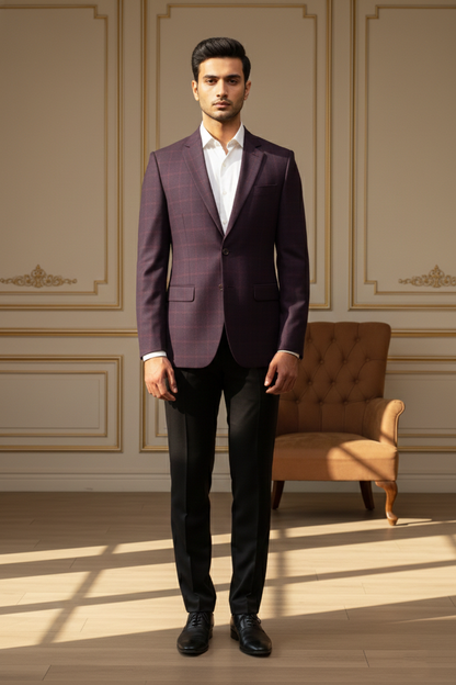 Men's Slim-Fit Plum Windowpane Check Formal Blazer