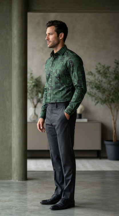 Men'sDesigner Slim-Fit Emerald Geometric Glyph Print Shirt
