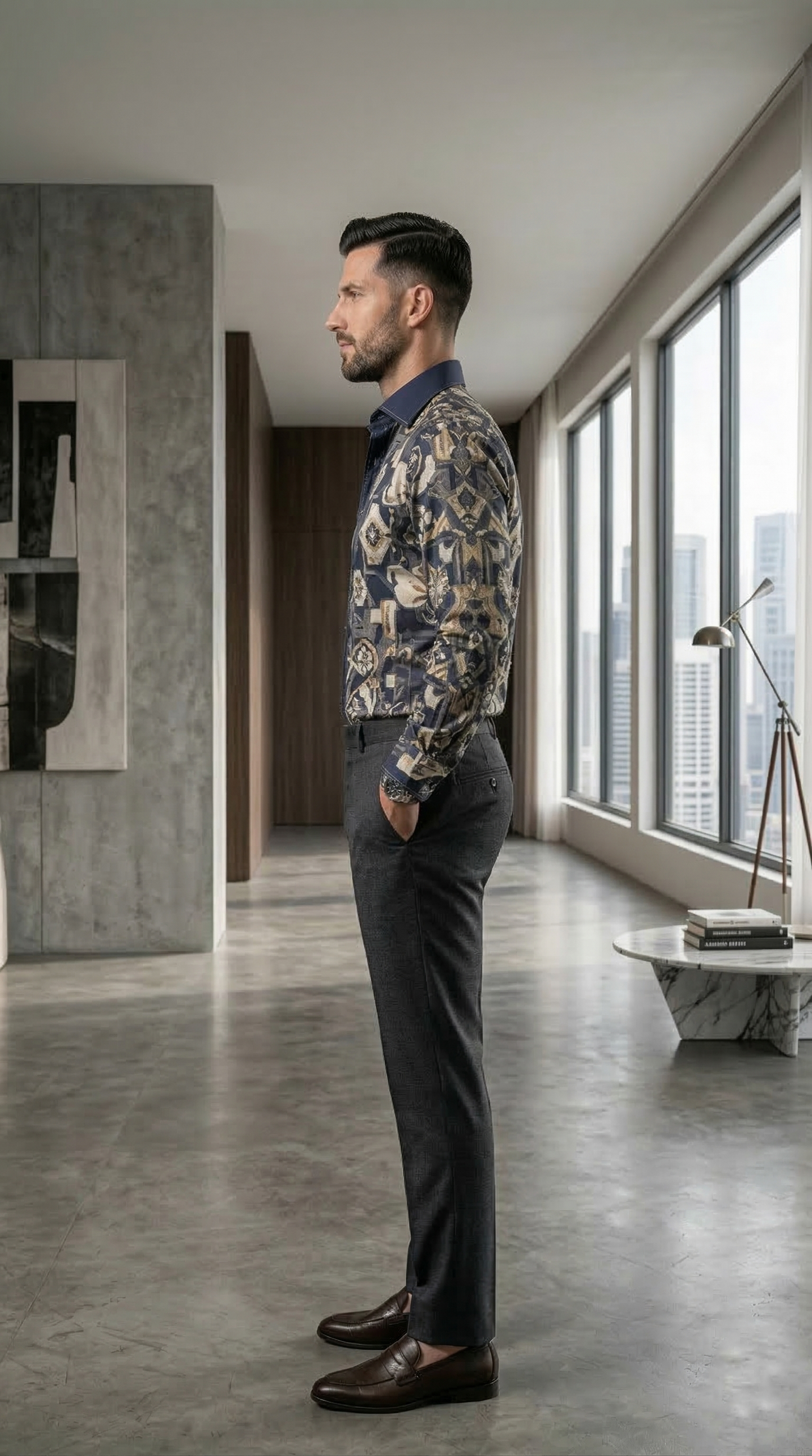 Designer Men'sBaroque Floral Print Shirt , Navy & Gold Botanical Geometric Motif