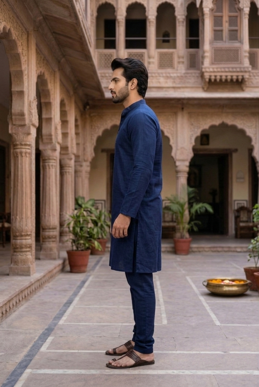 Men's Navy Blue Cotton Silk Plain Kurta Pajama Set