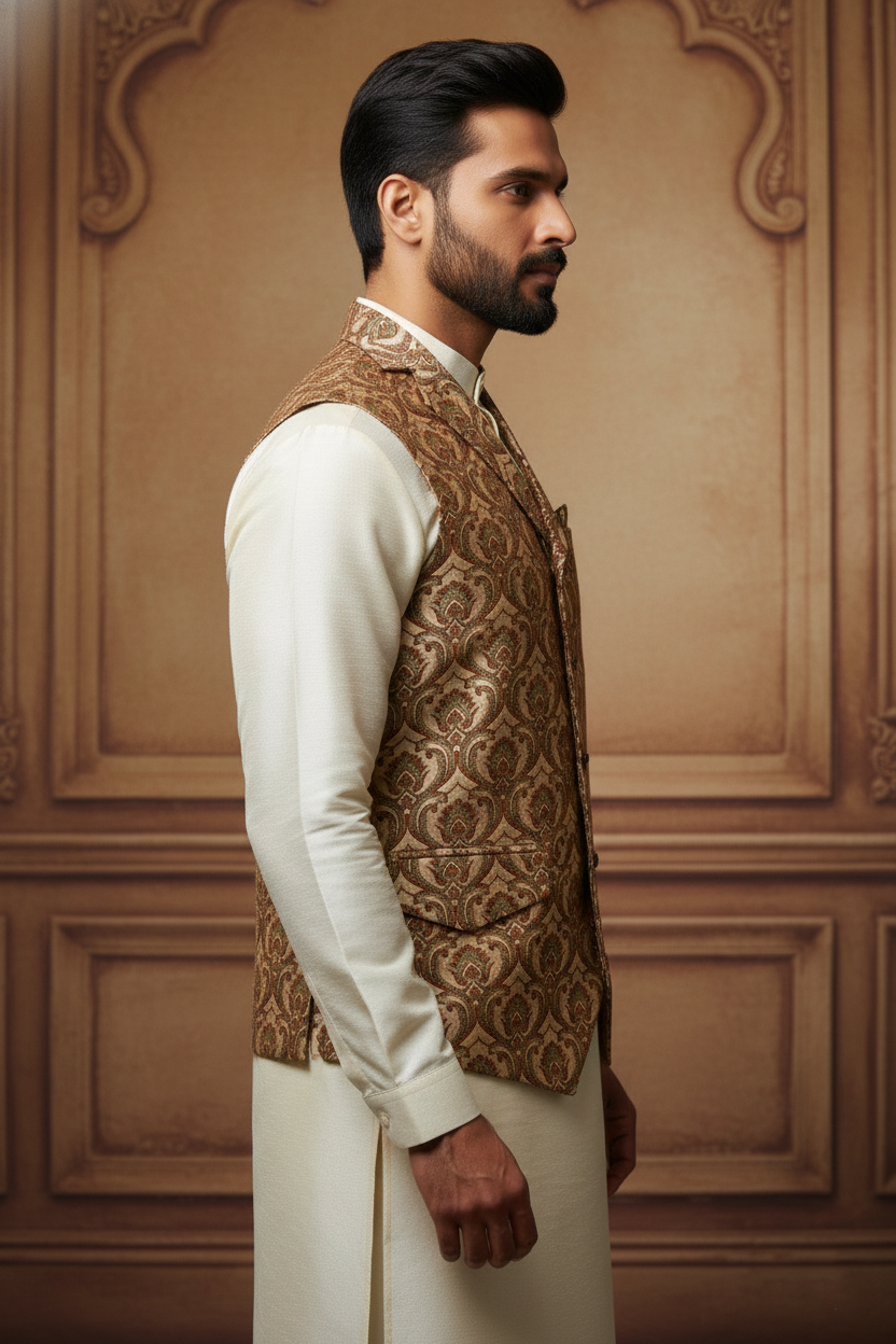 Men’s Vintage Brocade Damask Waistcoat – Formal Victorian Style Vest