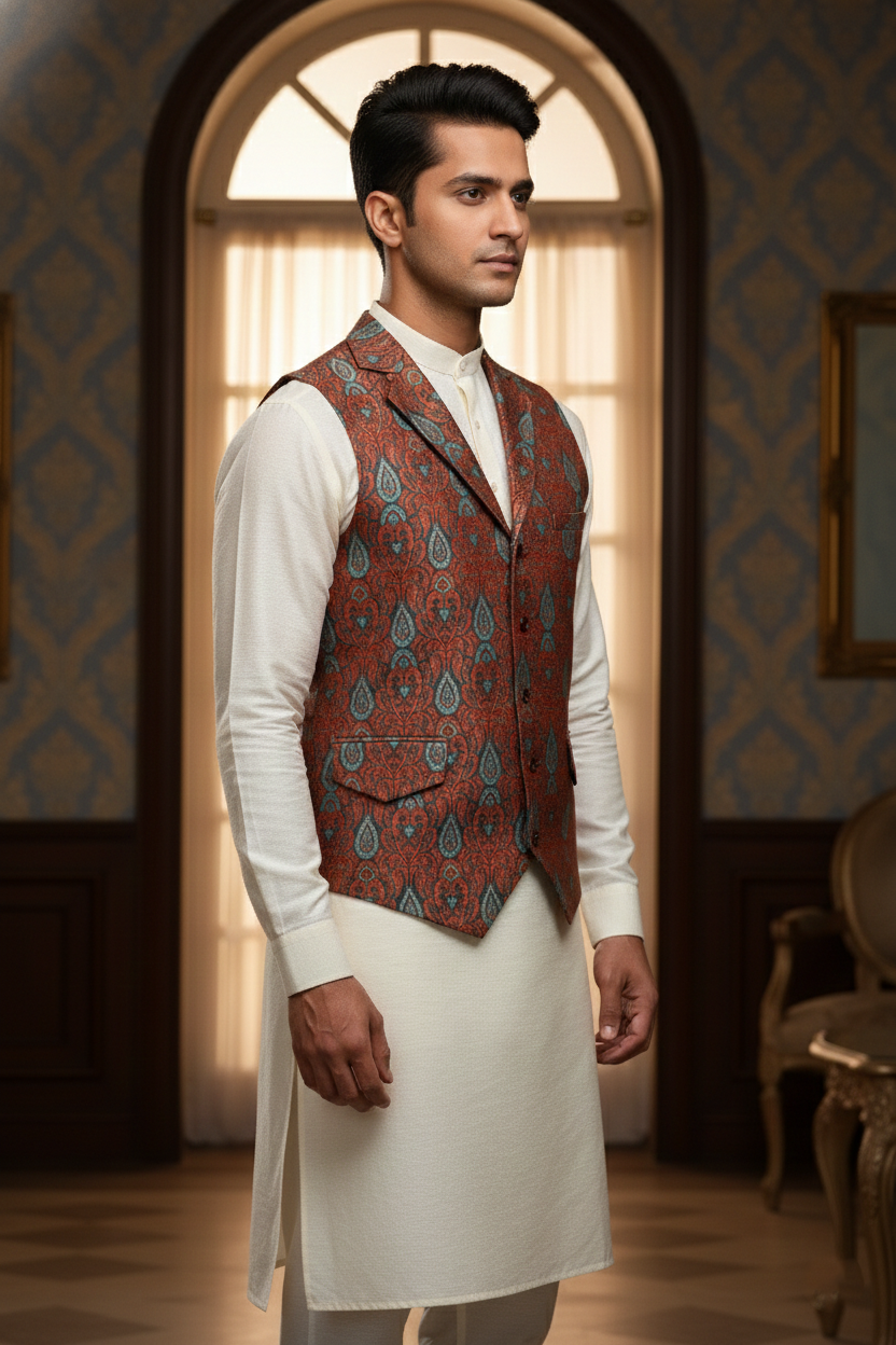 Men’s Rust & Teal Brocade Waistcoat – Slim Fit Paisley Jacquard Nehru Vest with Notch Lapel