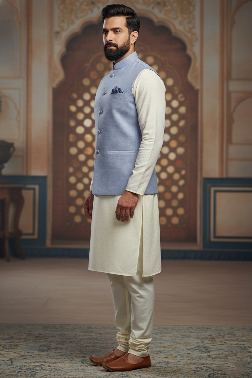 Men’s Light Blue Nehru Jacket with Pocket Square | Classic Ethnic Waistcoat