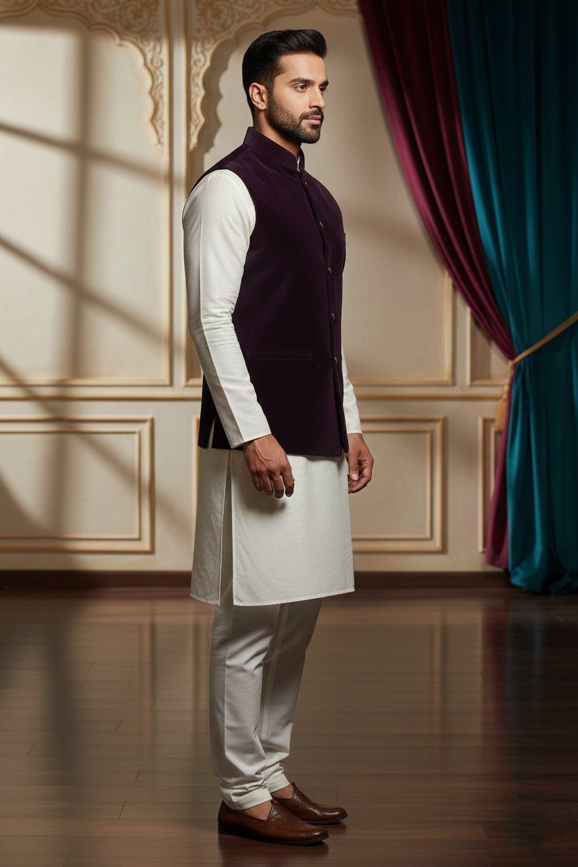 Men’s Premium Plum Velvet Nehru Jacket (Waistcoat)