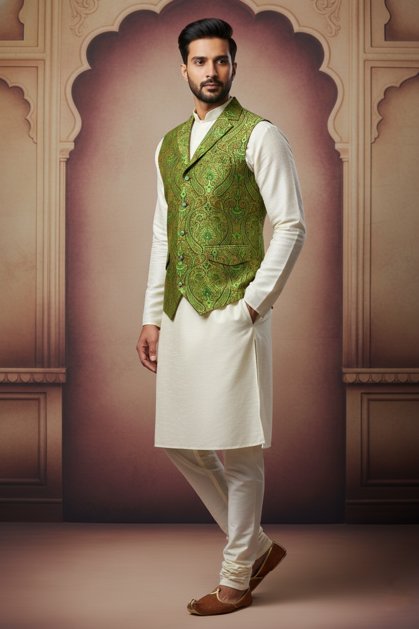 Men’s Green Nehru Jacket with Embroidery Work | Ethnic Waistcoat for Wedding, Festive & Party Wear | Sleeveless Modi Jacket