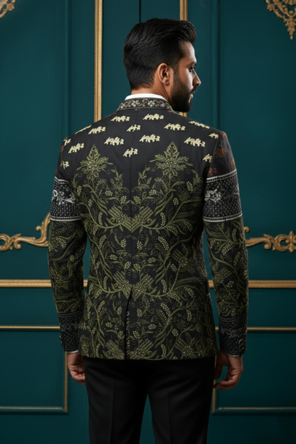 Designer Black Embroidered Bandhgala Blazer , Floral & Wildlife Motif Men's Ethnic Jacket