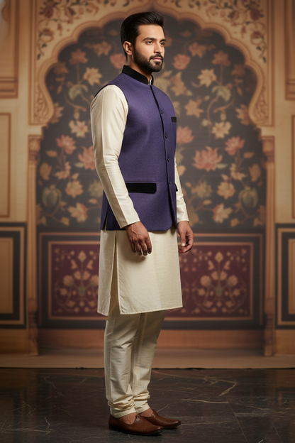 Men's Royal Purple Textured Nehru Jacket – Luxury Velvet Trim Ethnic Waistcoat | Designer Modi Jacket for Weddings, Receptions & Festivals